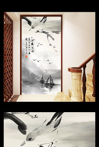 中式古典风格山水竹子水墨画玄关背景墙图片
