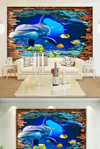 海豚海底世界3d高清背景墙装饰画