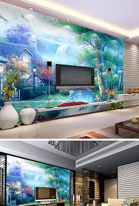 唯美大象油画客厅电视背景墙图片素材设计