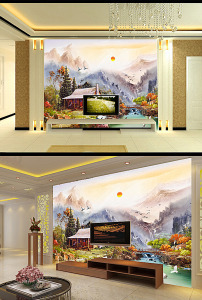 油画风景山水电视背景墙图片