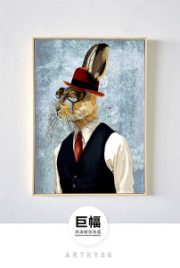 白色英文戴眼镜红兔子动物儿童油画高清图片下