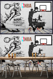 街头篮球个性怀旧砖墙酒吧背景墙壁画