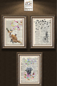 五彩蝴蝶飞舞狐狸大象骑单车的人动物油画