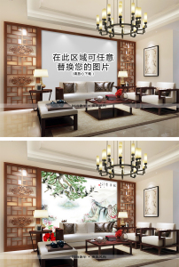 木框中式古典沙发背景墙生活场景样机图片
